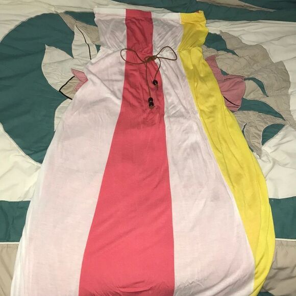 3/$15 Summer casual long maxi dress strapless pink white yellow boho beach - Picture 5 of 11